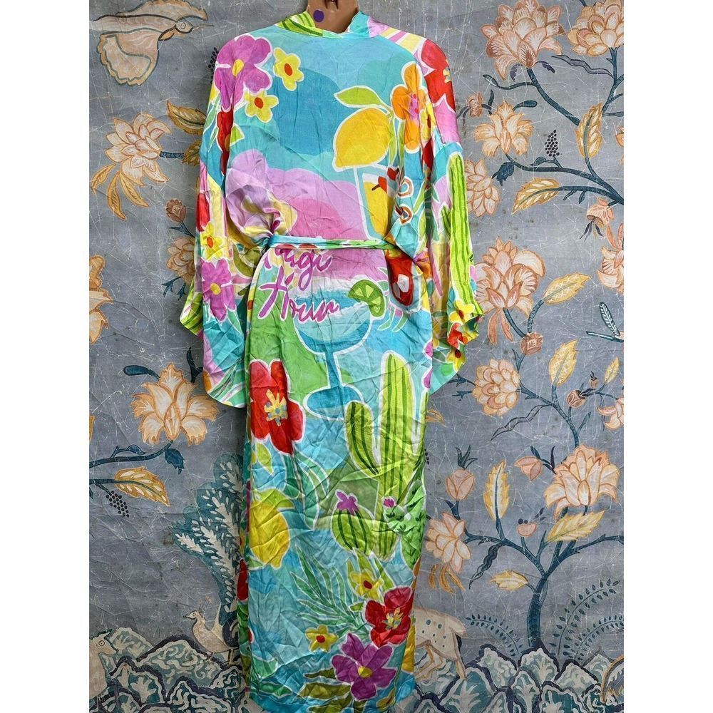 Spell Floral Pastel Silk Kimono Robe in Aqua, Pink & Yellow - Picture 9 of 10